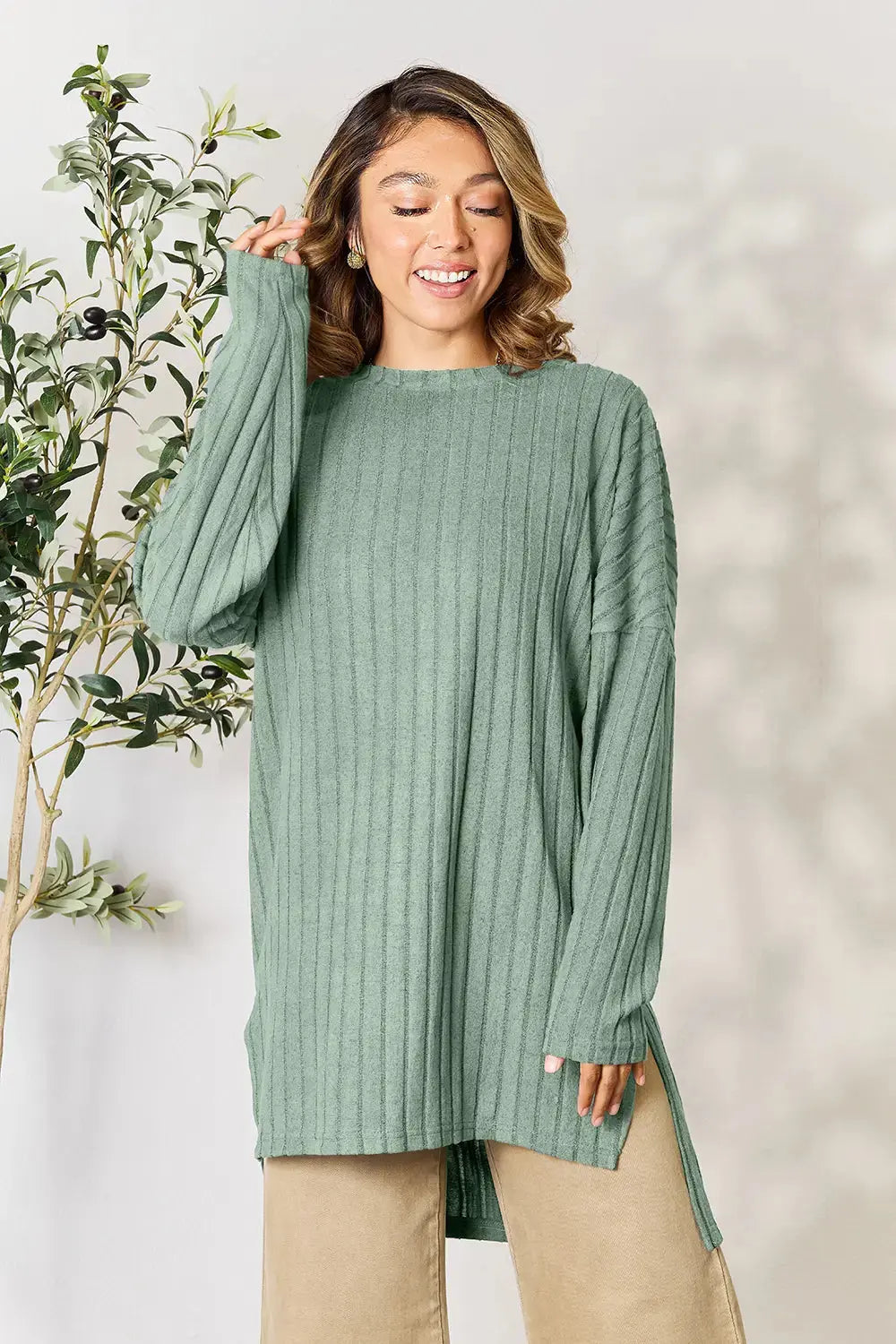 Basic Bae Full Size Ribbed Round Neck Long Sleeve Slit Top - Love Salve